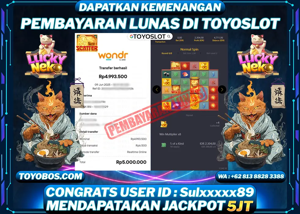 TOYOSLOT - BUKTI KEMENANGAN Lucky Neko Rp5,000,000,- LUNAS